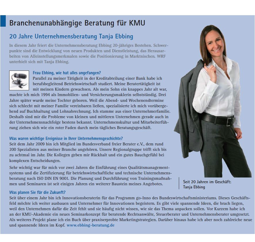 Branchenunabhängige Beratung für KMU - 20 Jahre Unternehmensberatung Tanja Ebbing